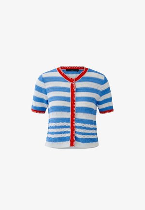 Cardigan en tricot à manches courtes avec rayures horizontales bleues et blanches, patte de boutonnage rouge, col et bords de manches.