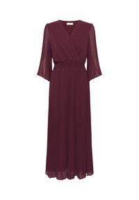 Burgundská plisovaná maxi šaty s hlbokým výstrihom do V, elastickým pásom a splývavými, trojštvrťovými priehľadnými rukávmi. Hladká textúra látky.