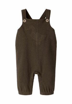 Salopette bébé marron texturée avec un appliqué canard sur le devant, avec des bretelles à boutons et des bas de jambe élastiqués.