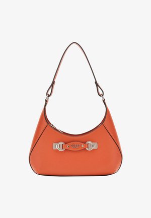 Orange leather shoulder bag with silver hardware and "Guess Est 1981" logo plaque on the front, featuring a single strap and zipper closure.