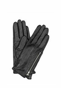 Czarne skórzane rękawiczki z zamkiem na nadgarstku, gładką fakturą, pięciopalczastym krojem i dopasowanym fasonem. Stylowy i nowoczesny design.