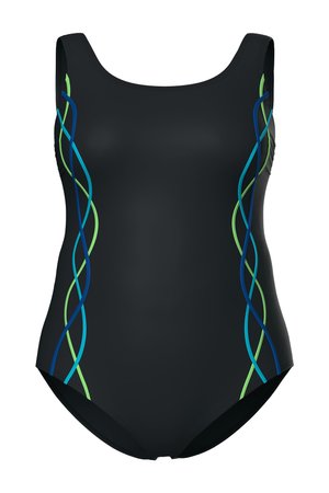 Černé jednodílné plavky se zelenými, modrými a tyrkysovými vlnitými bočními pruhy a širokými ramenními popruhy.