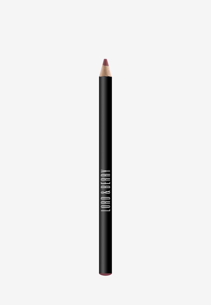 Lippenstift mit schwarzem Barrel, angespitzter Spitze und einem Farbblock am Ende. Die Marke "LORD & BERRY" ist seitlich in Weiß aufgedruckt.