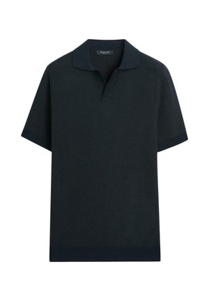 Schwarzes Polohemd mit kurzen Ärmeln, strukturierter Stoff, offenem Kragen sowie gerippten Bündchen und Saum.