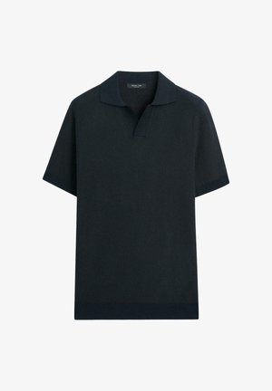 Black short-sleeve polo shirt with textured fabric, open collar, and ribbed cuffs and hem.