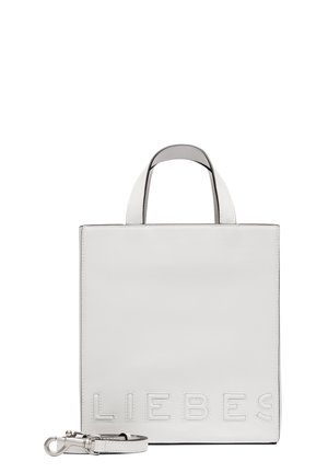 Weißer Lederhandtasche mit geprägtem "LIEBES"-Schriftzug, rechteckiger Form, kurzen Griffen, abnehmbarem Tragegurt, glatter Oberfläche und schwarzen Kanten.