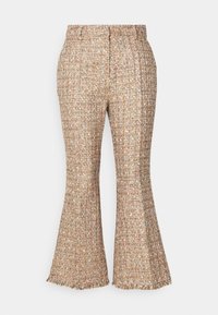 Höga, utsvängda byxor med en texturerad, flerfärgad tweed-tyg och rå fransdetalj vid fållen.