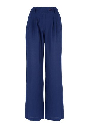 Pantaloni ampi a gamba larga di colore blu navy con vita alta, pieghe anteriori, passanti per cintura e chiusura con un solo bottone.