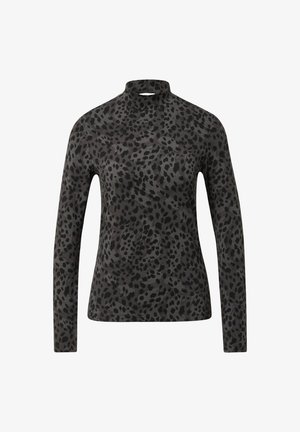 Langsleeve mock turtleneck top in grijze stof met een zwart luipaardprintpatroon en een soepele textuur.