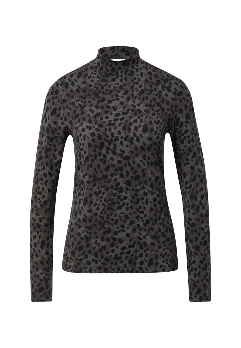Long-sleeve mock turtleneck top in grey fabric featuring a black leopard print pattern and smooth texture.