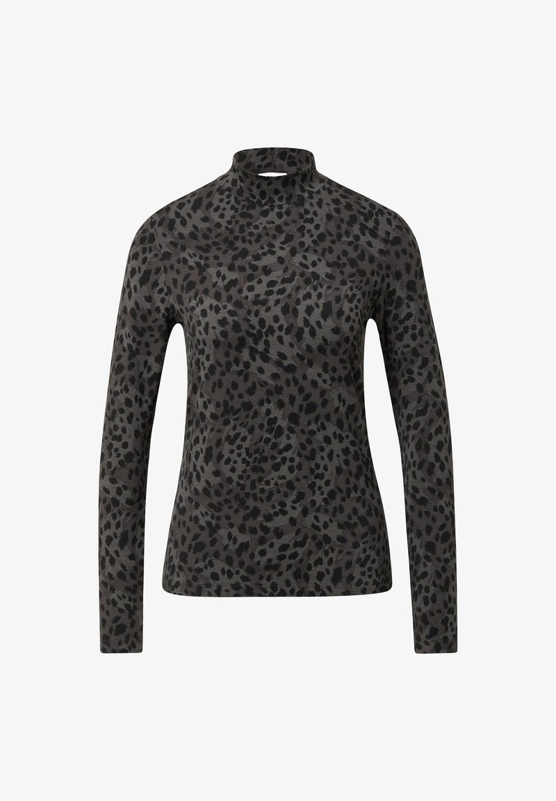 Langsleeve mock turtleneck top in grijze stof met een zwart luipaardprintpatroon en een soepele textuur.