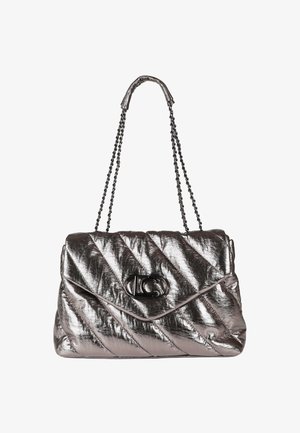 Metallic gray quilted handbag with a chain strap, featuring a folded design and a black hardware closure on the front.
