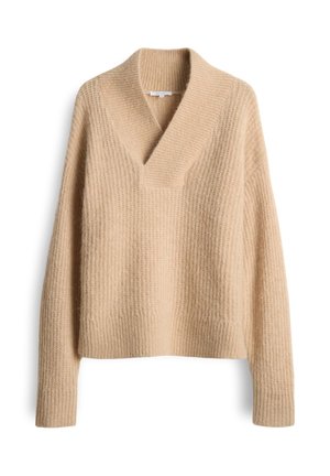 Beige gestrickter Pullover mit tiefem V-Ausschnitt, langen Ärmeln und strukturiertem Rippmuster. Weiches, warmes Material mit lockerer Passform.