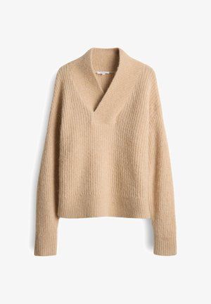 Beige gestrickter Pullover mit tiefem V-Ausschnitt, langen Ärmeln und strukturiertem Rippmuster. Weiches, warmes Material mit lockerer Passform.