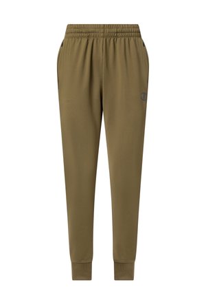 Spodnie dresowe w kolorze oliwkowej zieleni z elastycznym pasem, bocznymi kieszeniami, ściągaczami przy kostkach i małym logo na lewej uda.