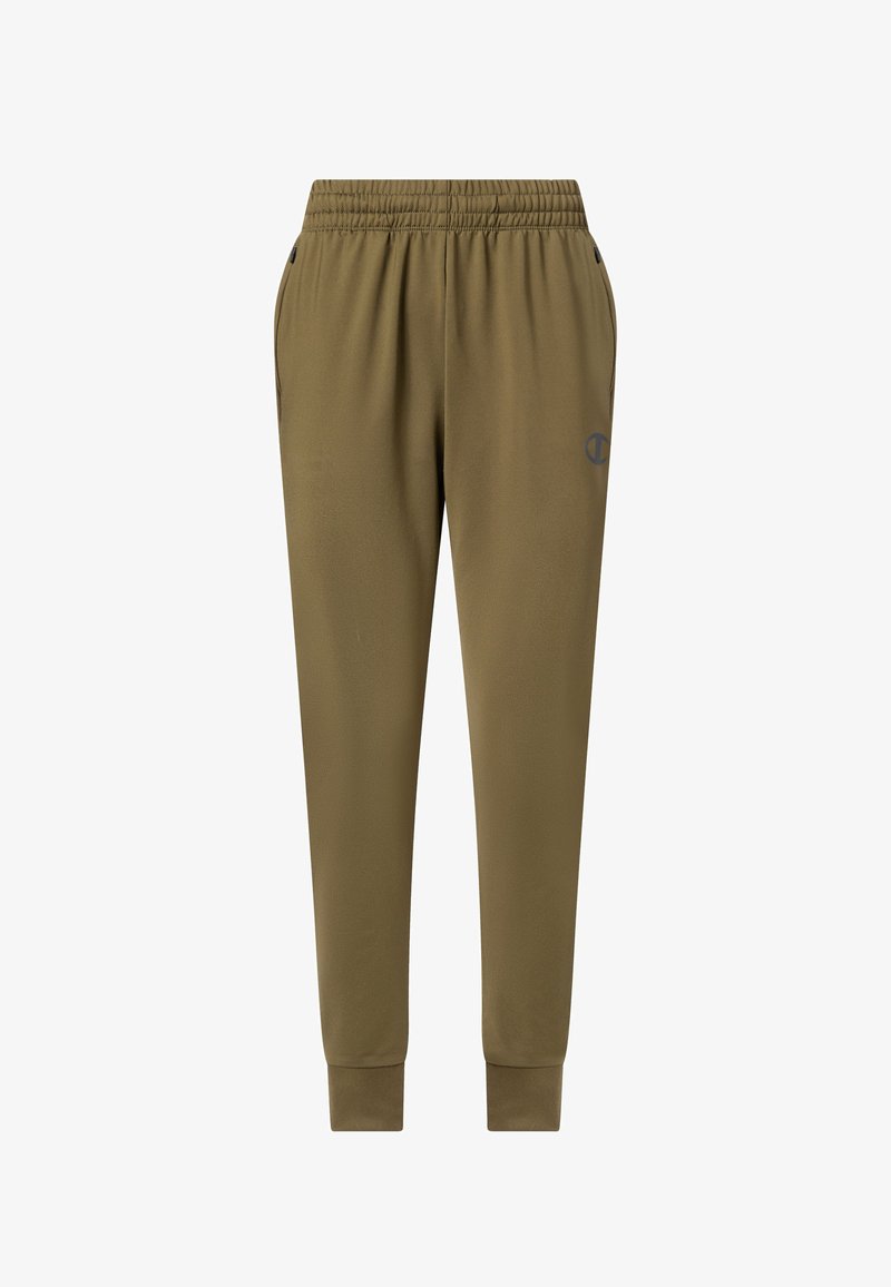 Pantalon de jogging vert olive avec taille élastique, poches latérales, bas resserrés et un petit logo sur la cuisse gauche.