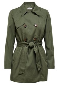 Trench-coat vert olive en tissu lisse, doté d'une fermeture à double boutonnage, d'une ceinture à nouer à la taille et de poches latérales.