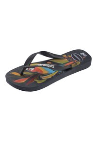 Tongs noires avec un motif coloré d'oiseaux tropicaux sur la semelle et une bride en Y noire ornée du logo "Havaianas" en blanc.