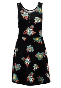Černé šaty s přiléhavým vrškem a rozšířenou sukní, zdobené barevnými květinovými vzory, kulatým výstřihem a knoflíkovou úpravou vpředu.
