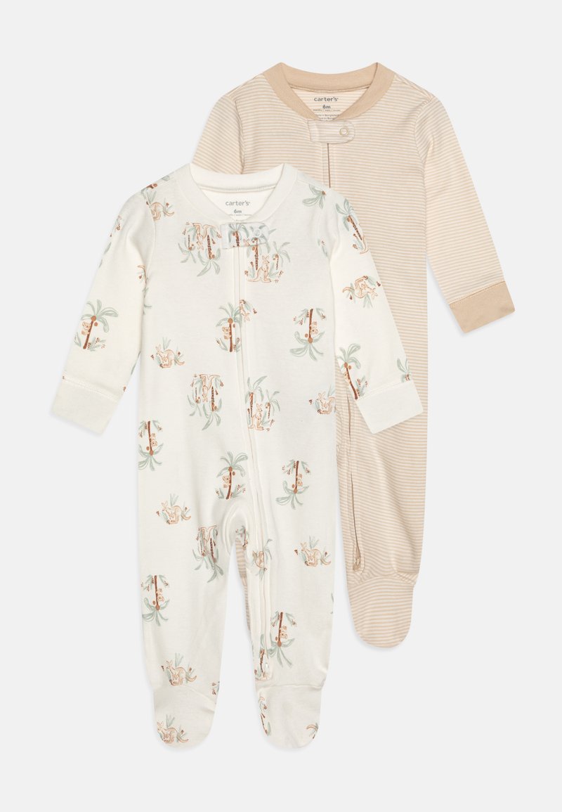 Dva bebi bodija: jedan bijel s uzorkom palme i životinja, a drugi bež s tankim prugama. Oboje imaju duge rukave i kopčanje.