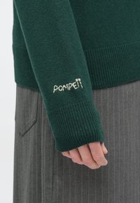 Zaļš adīts džemperis ar ribotām aprocēm. Piedurkņā redzams izšūts uzraksts “POMPEII” baltā krāsā. Zemāk pelēks apģērbs ar svītrām.