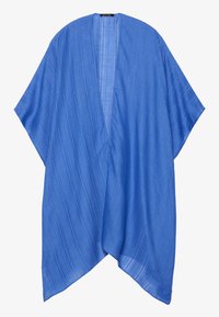 Lätt blå kimono-liknande omslag med ett strukturerat randmönster, öppen front och korta ärmar. Tillverkad av ett genomskinligt tyg.