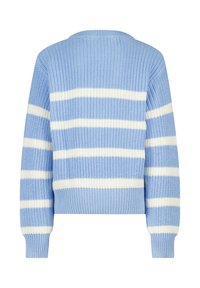 Light blue knitted sweater with wide white horizontal stripes and long sleeves, shown from the back.