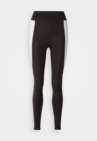 Leggings neri con un ampio bordo in vita, dotati di dettagli laterali bianchi. Realizzati in un tessuto elasticizzato con una texture liscia e una vestibilità aderente.