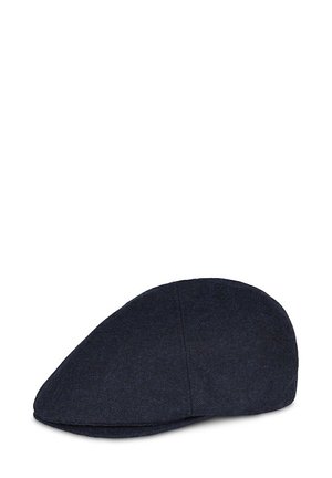 Granatowa czapka typu flat cap wykonana z teksturowanej tkaniny, o zaokrąglonym kształcie, z przeszytymi detalami na szwie i gładką podszewką wewnętrzną.