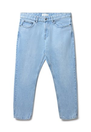 Jeans in denim blu chiaro con taglio dritto, quattro tasche e zip. Design classico a cinque tasche con leggera scoloritura. Nessun abbellimento visibile.