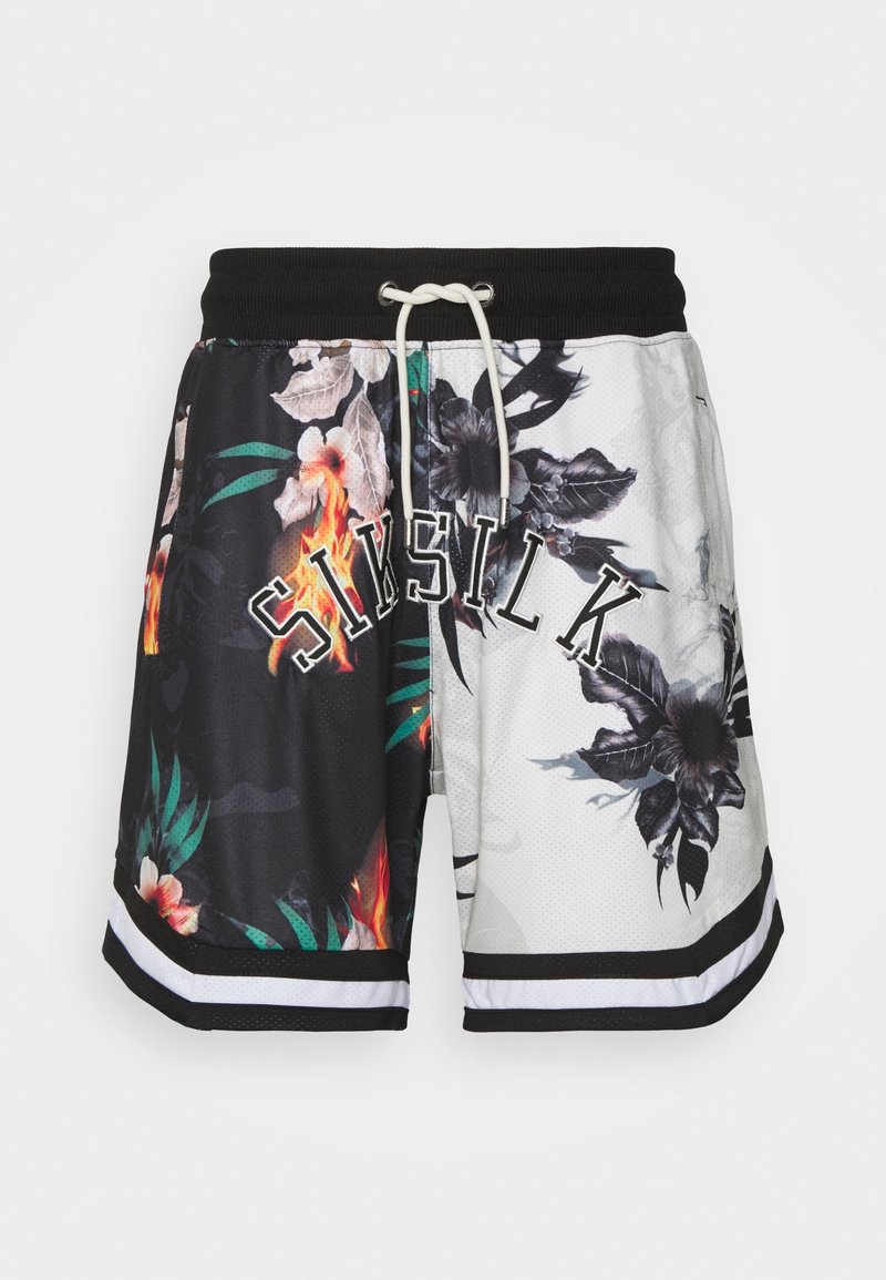 Pantalones cortos con estampado floral en diseño blanco y negro, con cintura ajustable con cordón, material de malla y detalles de ribete a rayas.