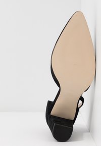 Chaussure à talon haut en daim noir à bout pointu, vue de la semelle, avec un talon bloc appuyé contre un coin blanc.