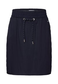 Marineblauwe rok met elastische tailleband en een trekkoord, voorzien van goudkleurige hardwareaccenten en een lichte, gladde stoftextuur.