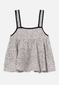 Ärmelloses Oberteil in Creme mit schwarz-grauem abstraktem Muster, das ein gerafftes Design, schwarze Akzente und verstellbare Träger aufweist.