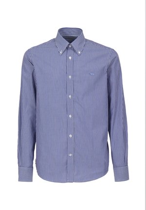 Blauw-witte gestreepte overhemd met lange mouwen, een button-down kraag en witte knopen. Bevat een klein logo op de linkerkant van de borst.