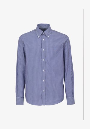 Plava i bijela prugasta košulja dugih rukava s ovratnikom na gumbe i bijelim gumbima. Sadrži mali logo na lijevoj strani prsiju.