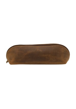 Brown leather pencil case with a zipper closure, smooth texture, and subtle stamped logo on the front center.