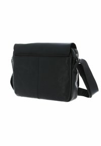 Borsa a tracolla nera in pelle con chiusura a zip, tracolla regolabile, forma rettangolare, superficie liscia e dettagli di cucitura discreti.