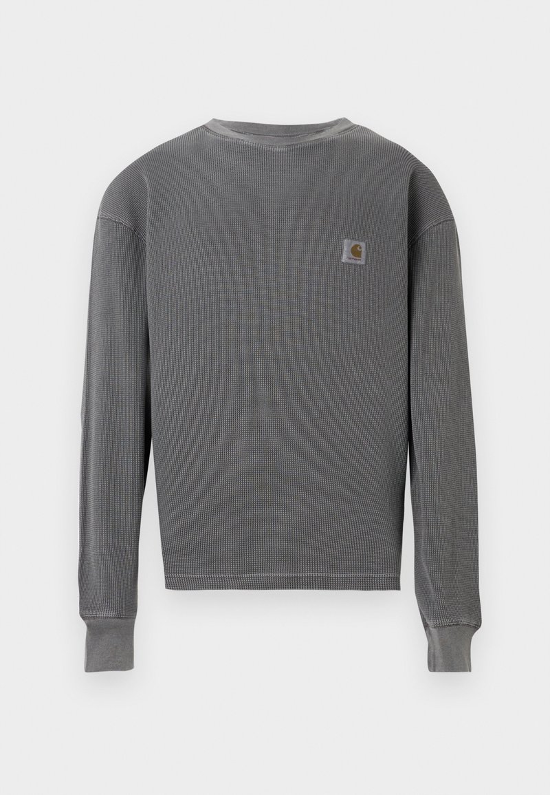 Graues Langarmshirt mit strukturiertem Muster, gerippten Bündchen und rundem Ausschnitt. Mit einem kleinen Logopatch auf der oberen linken Rückseite.