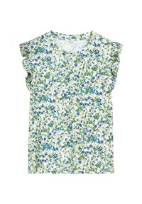 Bloemige top met korte mouwen, versierd met groene en blauwe patronen op een witte achtergrond, met rimpel mouwen en een ronde halslijn.