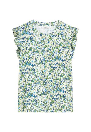 Floral short-sleeve top featuring green and blue patterns on a white background, with ruffled sleeves and a round neckline.