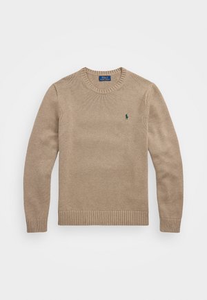 Beige knit sweater with a crew neck, ribbed cuffs and hem, featuring a small green logo on the chest. Soft texture, casual design.