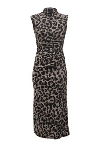 Maxi dress in soft, stretchy fabric with a high neckline, sleeveless design, and a beige base featuring black leopard print pattern.