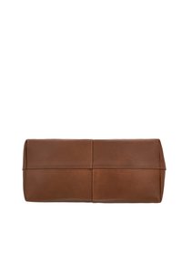 Braune Lederhandtasche in rechteckiger Form mit einer glatten Textur, nahtlosen Kanten und sichtbaren Nähdetails. Kompakte Bauweise, geeignet für kleine Gegenstände.