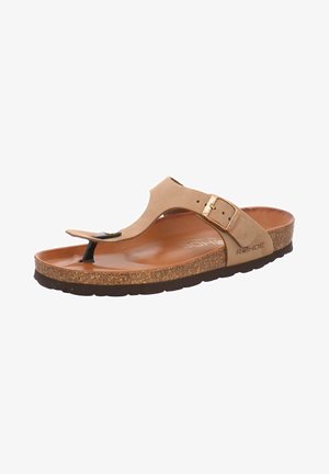 Brune læder flip-flop sandal med korksål, sort hardwaredetalje og T-strop design. Flad og åben tå stil til afslappet brug.