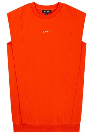 Leuchtend oranger ärmelloser Pullover mit geripptem Rundhalsausschnitt und Saum, mit kleinem, zentriertem weißem DKNY-Logo auf der Brust.