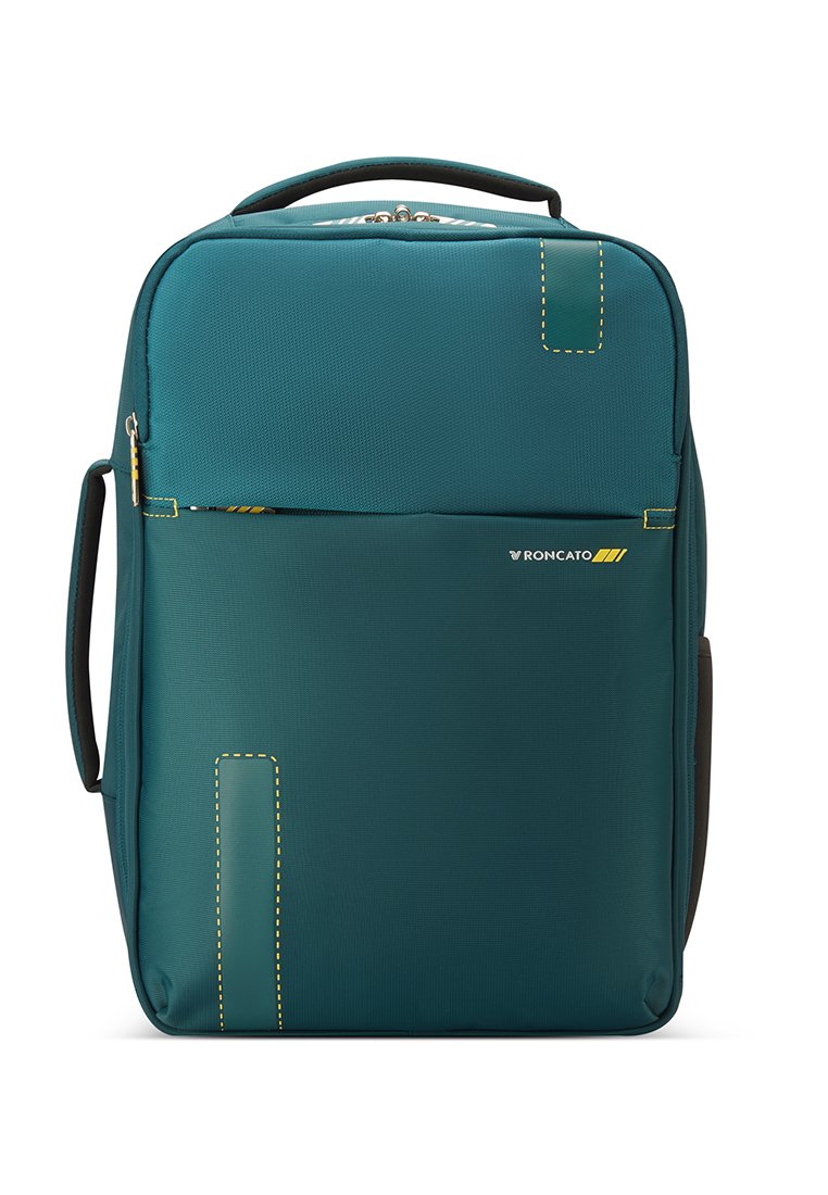 Zaino in tessuto turchese con un design strutturato, caratterizzato da cuciture gialle, una maniglia superiore e una tasca frontale con zip.