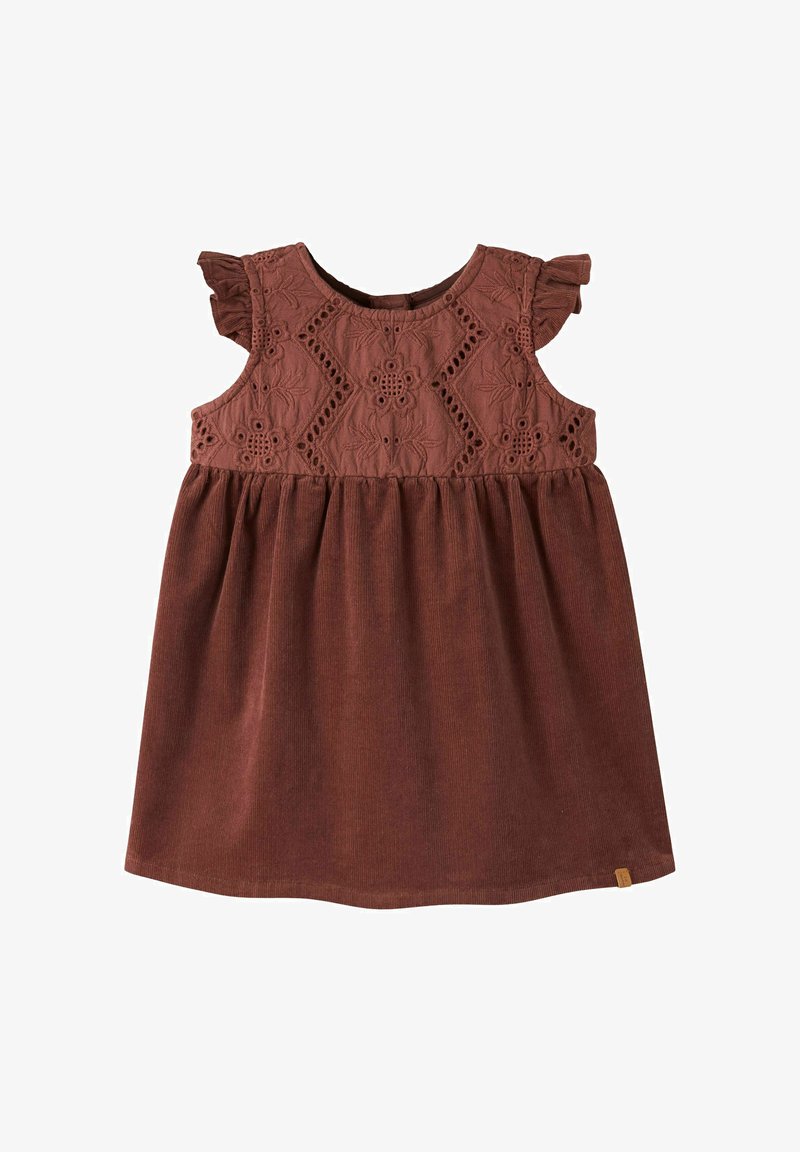Robe bébé marron sans manches avec broderie florale sur le corsage et détails à volants sur les épaules, avec une jupe froncée.