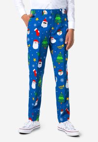 Zili bikses ar svinīgiem rakstiem, tostarp Ziemassvētku vecīša, Ziemassvētku eglītēm un sniega pārslām. Izgatavotas no gludas auduma, tām ir standarta piegriezums un kabatas.