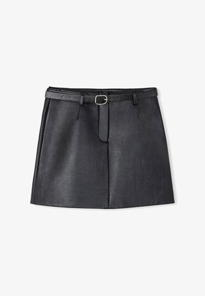 Black faux leather skirt with a structured design, featuring a belt with a silver buckle and a smooth texture. Simple, modern cut.